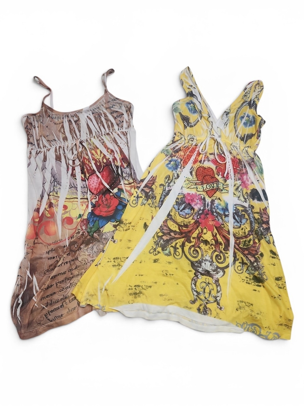 Y2K Babydoll Tatoo Mini Dresses Heart Rhinestone Ed Hardy Style Paper Thin Beach